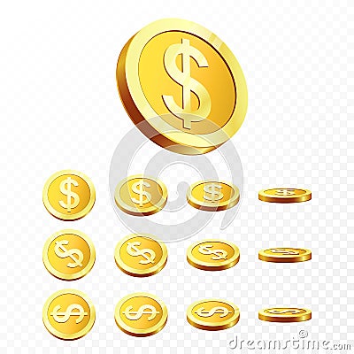 3d Gold coins illustration. Realistic gold coin on transparent background. Vector Vector Illustration