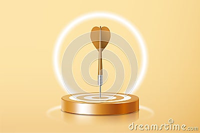 3d gold dart hit to center of golden dartboard with neon light. Stock Photo