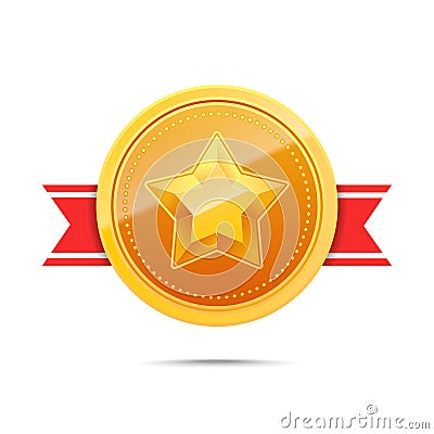 3D Gold medal and red ribbon. Vector Illustration