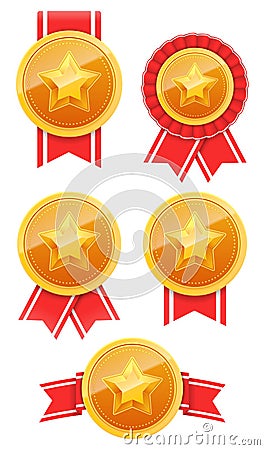 3D Gold medal with star and red ribbon. Winner award icon. Best choice badge set. Vector illustration Vector Illustration