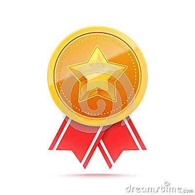 3D Gold medal with star and red ribbon. Vector Illustration