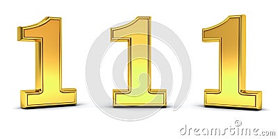 3D gold number one , 1 , with three different view angles isolated on white Stock Photo