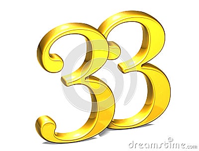 3D Gold Number thirty-three on white background Stock Photo