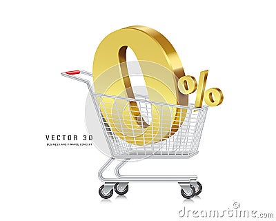 zero percent gold numbers placed on shopping cart or trolley For designing promotions with no interest or no fee Vector Illustration