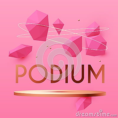 3D gold realistic circle podium with geometric elemens. Empty stage. Showcase design Vector Illustration