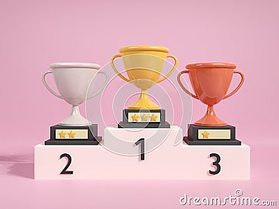 3d gold, silver and bronze trophy on podium. Winners cups prize champions. business achievement success. ranking sports award. Stock Photo