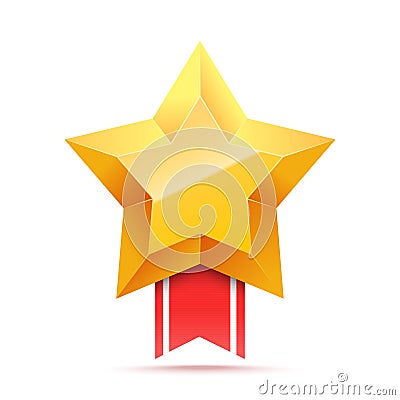 3D Gold star and red ribbon. Victory icon. Vector Illustration