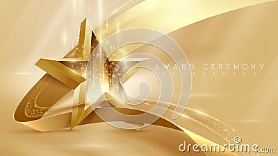 3d gold star with ribbon element and glitter light effect decoration and bokeh and beam. Luxury award ceremony background Vector Illustration