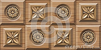 3D Golden flower wooden wall tiles desig Stock Photo