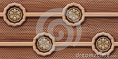 3D Golden flower wooden wall tiles design. Stock Photo