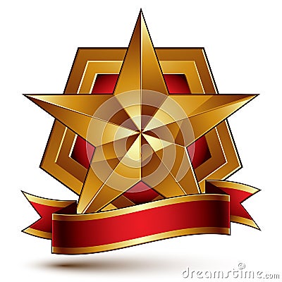 3d golden heraldic blazon with red filling and glossy pentagonal Vector Illustration