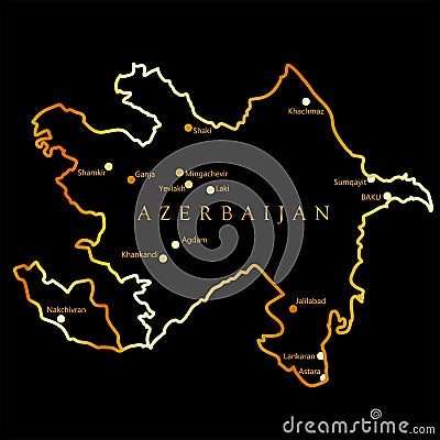 2D golden Map of Azerbaijan with main cities and capital Baku Stock Photo