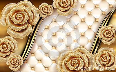 3d golden mural background with flowers , pearl , Jewelery , circles and butterfly . marble and capitone wallpaper Stock Photo