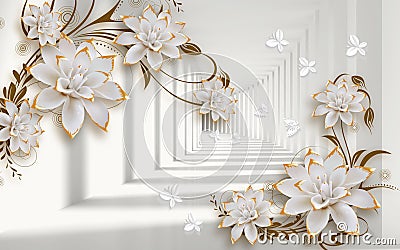 3d golden mural background with flowers , pearl , Jewelery , circles and butterfly . marble and capitone wallpaper Stock Photo