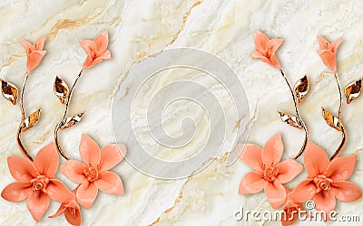 3d golden mural background with flowers , pearl , Jewelery , circles and butterfly . marble and capitone wallpaper Stock Photo