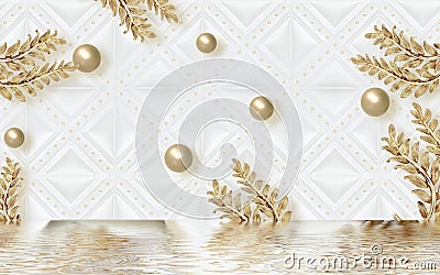 3d golden mural background with flowers , pearl , Jewelery , circles and butterfly . marble and capitone wallpaper Stock Photo