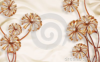 3d golden mural background with flowers , pearl , Jewelery , circles and butterfly . marble and capitone wallpaper Stock Photo