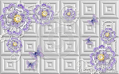 3d golden mural background with flowers , pearl , Jewelery , circles and butterfly . marble and capitone wallpaper Stock Photo