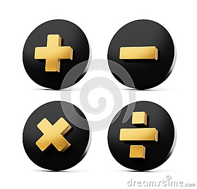3d Golden Plus, Minus, Multiply And Divide Symbol On Rounded Black Icons, 3d illustration Stock Photo