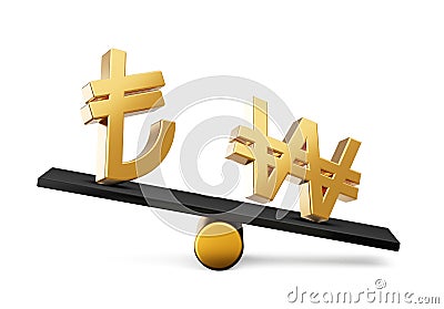 3d Golden Turkish Lira And Won Symbol Icons With 3d Black Balance Weight Seesaw, 3d illustration Stock Photo