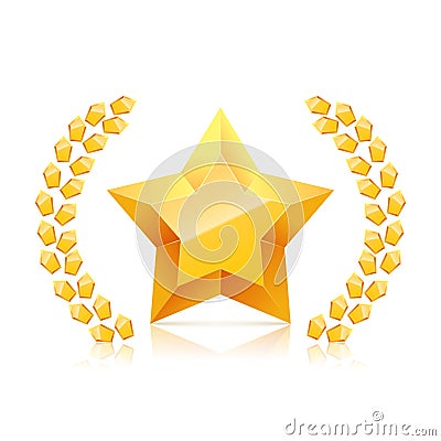 3D golden yellow star. laurel wreaths branch. Vector Illustration