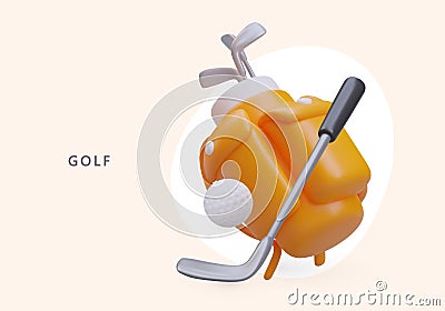 3D golf clubs, ball. Special backpack for golf items. Composition of floating elements Vector Illustration