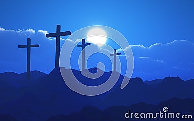 3D Good Friday background with crosses in a mountain landscape Stock Photo