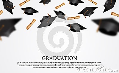 3D graduation caps with paper certificate o the air for graduates ceremony Stock Photo