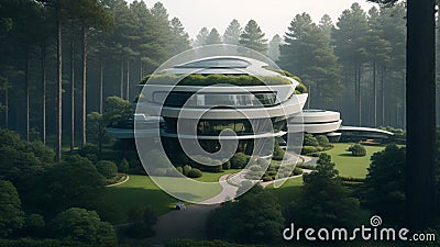 3d grand futuristic home in forest Stock Photo