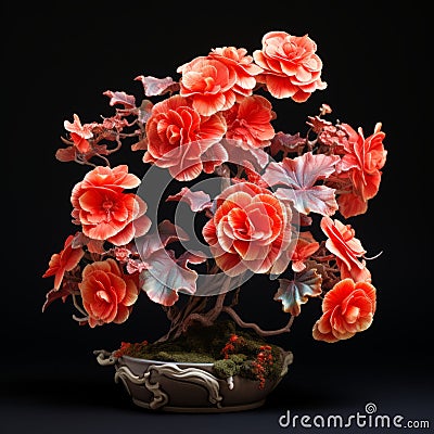 Meticulously Detailed Begonia Bonsai With Vibrant Orange Flowers Stock Photo