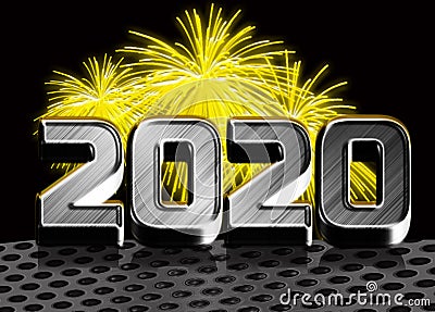 3d 2020 gray and gold metal effect with fireworks celebrating the new year Stock Photo