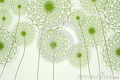 3d green background with silhouettes of dandelions with triangles , modern 3d render Stock Photo