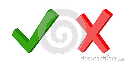 3d green check mark symbol and red cross, yes sign fact and myth verified fulfilled correct answer Vector Illustration