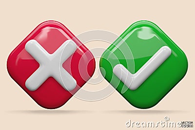 3D green Checkmark and red X mark icon. Checkmark right symbol, tick sign. check and uncheck for web and mobile apps. 3D vector Vector Illustration