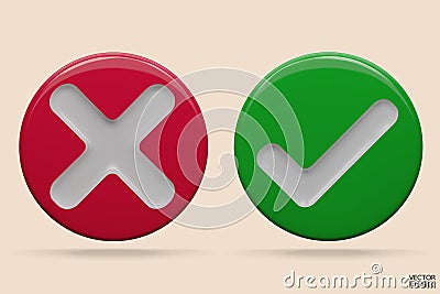 3D green Checkmark and red X mark icon. Checkmark right symbol, tick sign. check and uncheck for web and mobile apps. 3D vector Vector Illustration