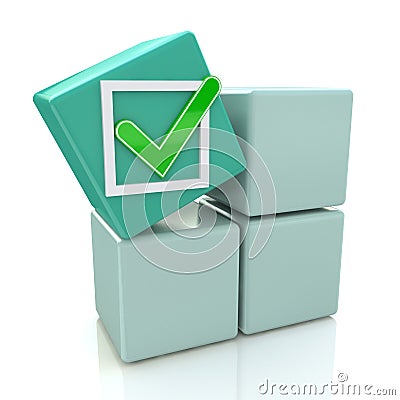3d green cube with check sign on grey boxes Stock Photo