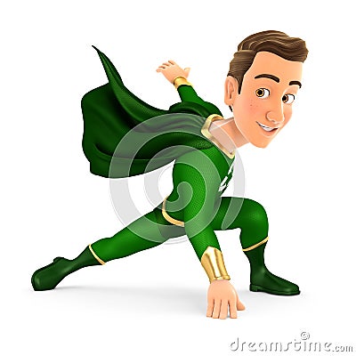 3d green hero landing on floor Cartoon Illustration