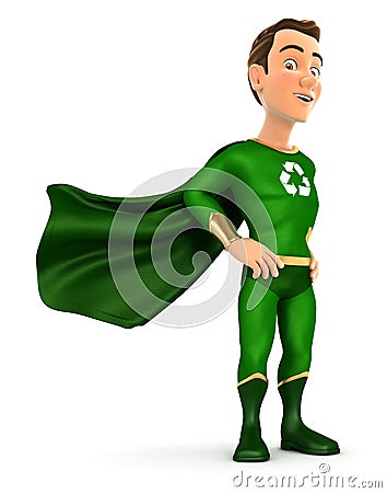 3d green hero standing with cape in the wind Cartoon Illustration