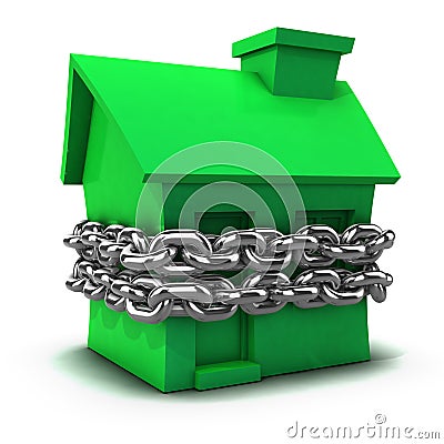 3d Green house bound by chain Stock Photo