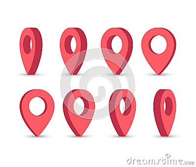 3D red map pointers. Location symbols. Vector icon. Stock Photo