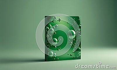3D green rectangular object with bubbles and spheres on its surface, set against gradient green background. Stock Photo