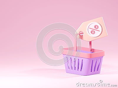 3d grocery violet basket with discount coupon. Empty supermarket cart with percent gift voucher. Concept of market event Cartoon Illustration