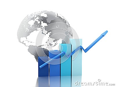 3d Growth chart with globe. Business and economy concept. Stock Photo