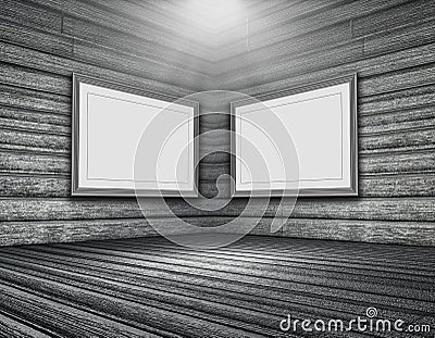 3D grunge wooden room interior with blank picture frames Stock Photo