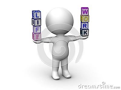 3D Man Balancing Life and Work Letter Cubes Stock Photo