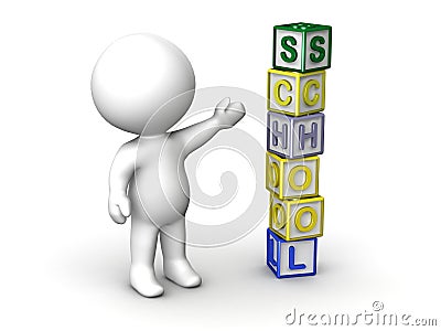 3D Man and Letter Cubes Spelling School Stock Photo