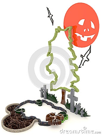 3D Halloween background decoration in haunting graveyard with Jack-o-lanterm moon Stock Photo