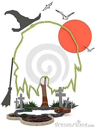 3D Halloween background in haunting graveyard Stock Photo