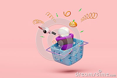 3d halloween holiday party with basket, explosion firecracker, carved pumpkin, skull, knife, eyeball isolated on pink background. Cartoon Illustration