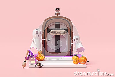 3d halloween holiday party with cute ghost, carved pumpkin, placed on the stairs, spider, old door, label welcome, owl, witch hat Cartoon Illustration